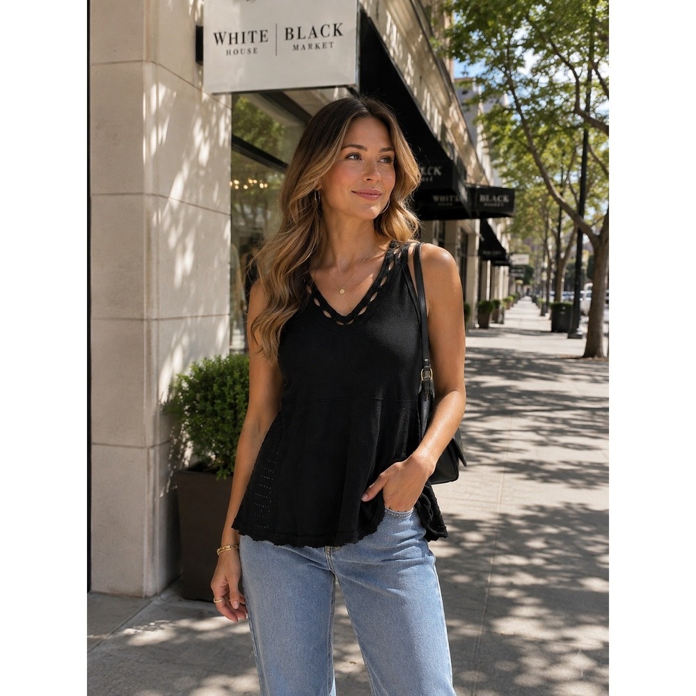 White House Black Market Black Crochet Knit Boho Tank Top S